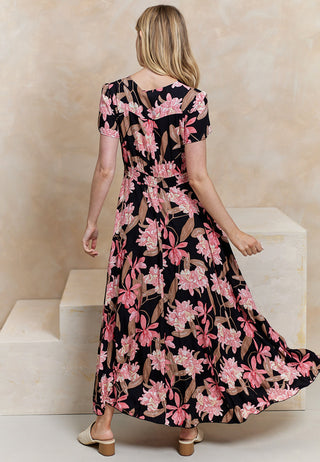 Ruched Waist Maxi Dress in Black Floral Print