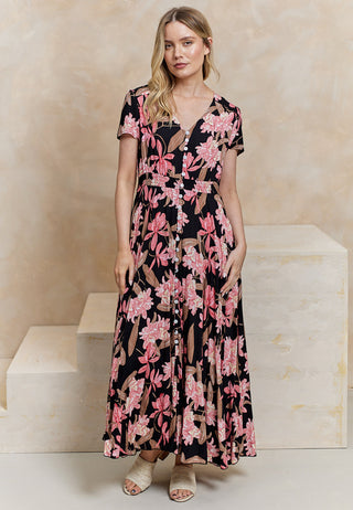 Ruched Waist Maxi Dress in Black Floral Print