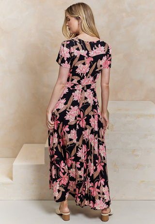 Ruched Waist Maxi Dress in Black Floral Print