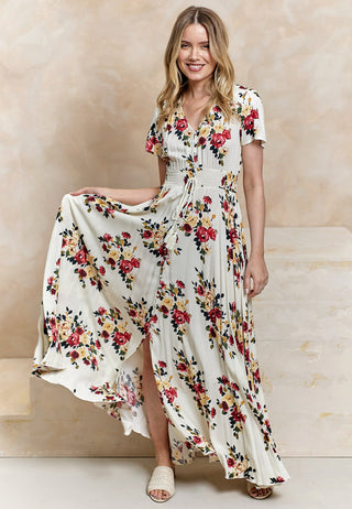 Ruched Waist Maxi Dress in White Floral Print