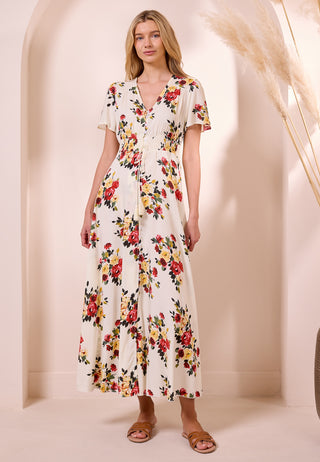 Ruched Waist Maxi Dress in White Floral Print