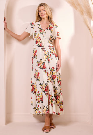 Ruched Waist Maxi Dress in White Floral Print