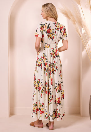 Ruched Waist Maxi Dress in White Floral Print