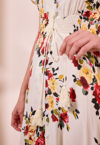 Ruched Waist Maxi Dress in White Floral Print