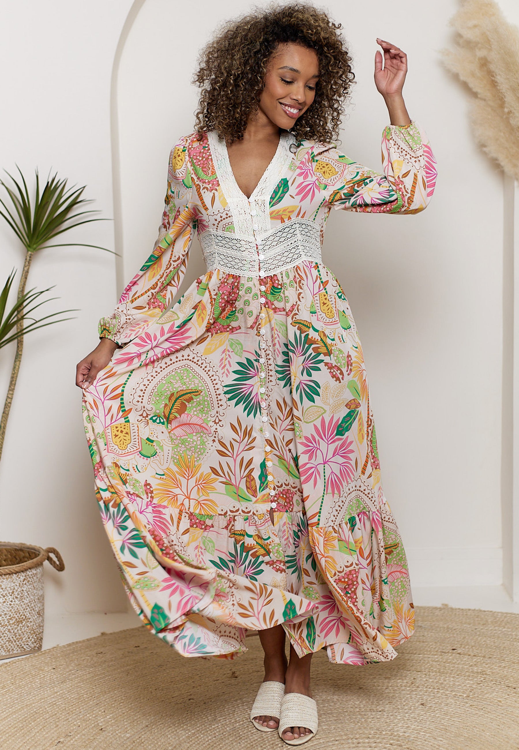 Crochet Border Maxi Dress in Pink Floral