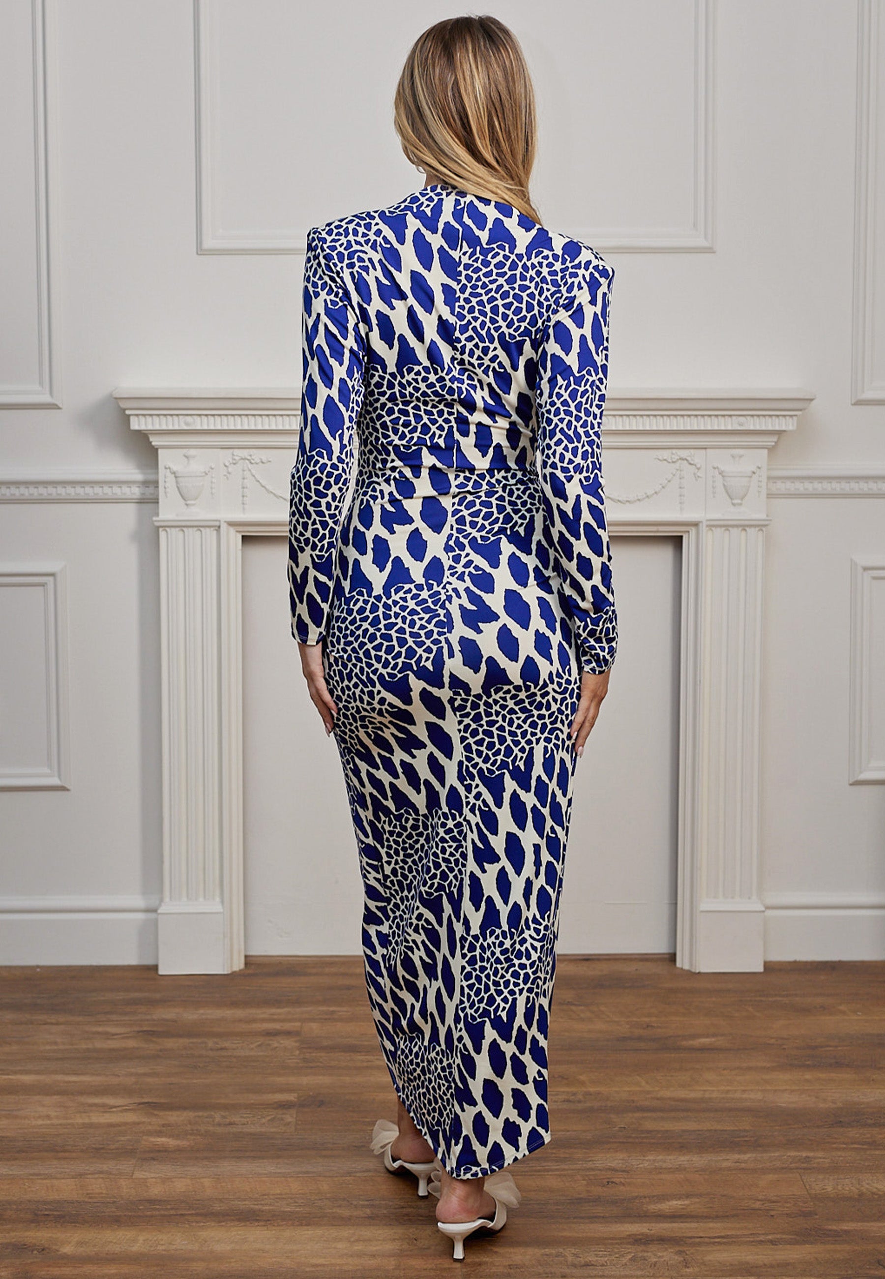 Plunge Neck Printed Wrap Midi Dress in Blue Leopard | ANGELEYE Plunge Neck Printed Wrap Midi Dress in Blue Leopard | ANGELEYE