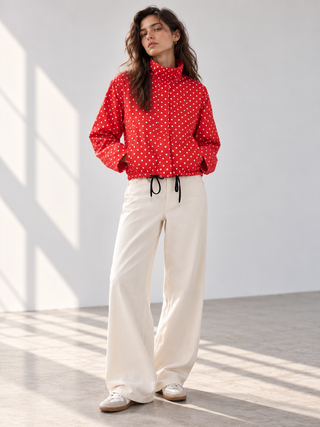 Polka Dot Cropped High-Neck Jacket in Red