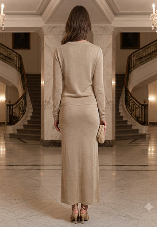 Rhinestone Knit Jumper & Maxi Skirt Co-Ord Set in Gold