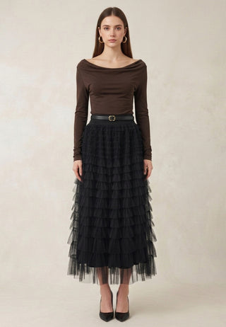 Black Tiered Tulle Midi Skirt