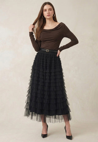 Black Tiered Tulle Midi Skirt