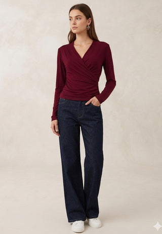Burgundy V-Neck Long Sleeve Wrap Top