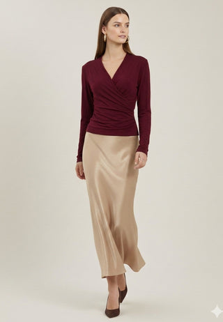 Burgundy V-Neck Long Sleeve Wrap Top