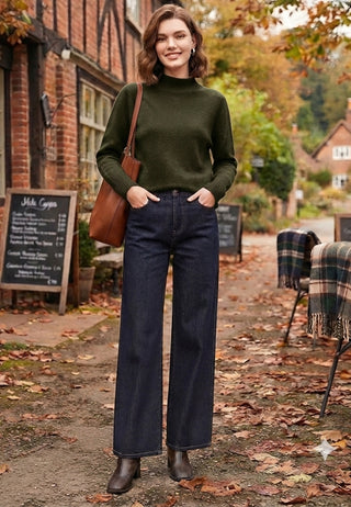 Merino Wool Mock Neck Jumper in Dark Olive