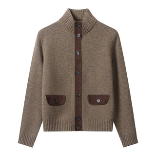 Brown Wool Cashmere Cardigan With Suede Panels