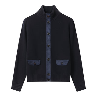 NAVY Wool Cashmere Cardigan With Suede Panels