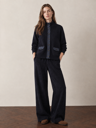 Knit High-Neck Cardigan-Navy