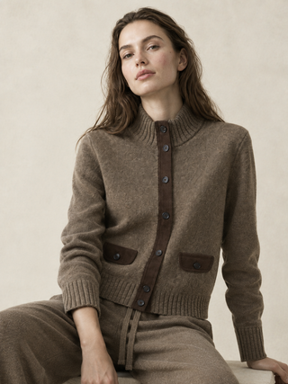 Coffee Knit High-Neck Cardigan