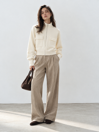 Cream Cotton Full Zip High Neck Knitted Cardigan