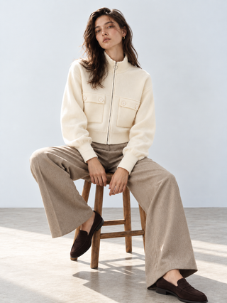 Cream Cotton Full Zip High Neck Knitted Cardigan