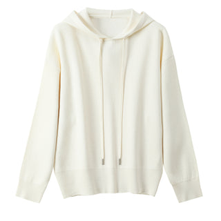 Drawstring Hooded Knitted Pullover Cream