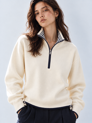 Quarter Zip High Neck Knitted Jumper-Cream