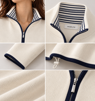 Quarter Zip High Neck Knitted Jumper-Cream