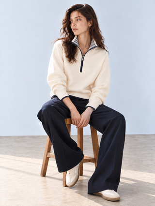 Quarter Zip High Neck Knitted Jumper-Cream