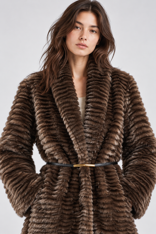 Textured Faux Fur Belted Shawl Collar Winter Coat Brown