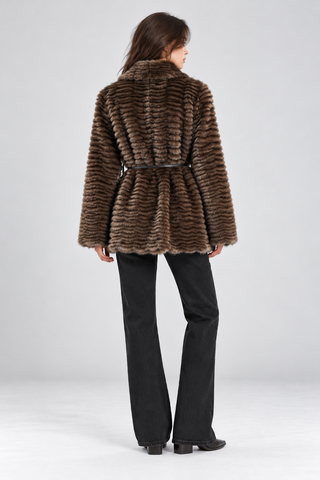 Textured Faux Fur Belted Shawl Collar Winter Coat Brown