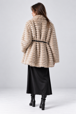Textured Faux Fur Belted Shawl Collar Winter Coat Cream