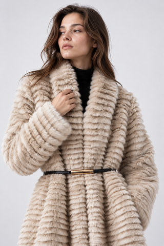 Textured Faux Fur Belted Shawl Collar Winter Coat Cream