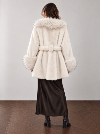Faux Fur Trimmed Oversized Shawl Collar Belted Winter Jacket