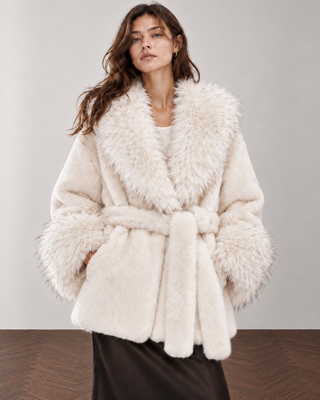Faux Fur Trimmed Oversized Shawl Collar Belted Winter Jacket