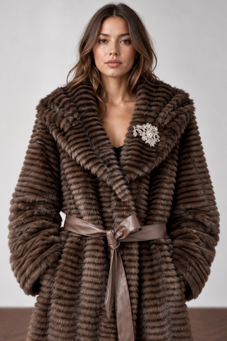 Textured Faux Fur Long Oversized Shawl Collar Belted Maxi Coat Brown