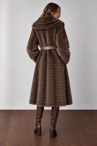 Textured Faux Fur Long Oversized Shawl Collar Belted Maxi Coat Brown