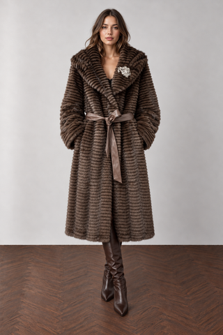 Textured Faux Fur Long Oversized Shawl Collar Belted Maxi Coat Brown