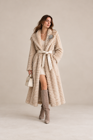 Textured Faux Fur Long Oversized Shawl Collar Belted Maxi Coat Cream