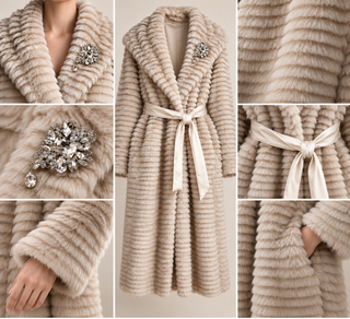 Textured Faux Fur Long Oversized Shawl Collar Belted Maxi Coat Cream