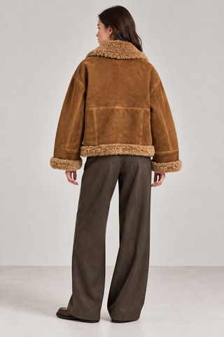 Faux Suede Jacket with Faux Fur Trim-High Neck Button Front Jacket Brown