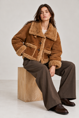 Faux Suede Jacket with Faux Fur Trim-High Neck Button Front Jacket Brown