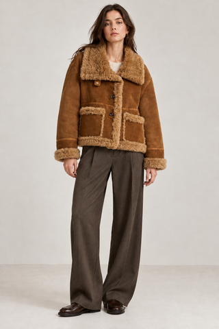 Faux Suede Jacket with Faux Fur Trim-High Neck Button Front Jacket Brown