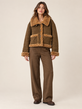 Faux Suede Jacket with Faux Fur Trim–High Neck Button Front Jacket Khaki