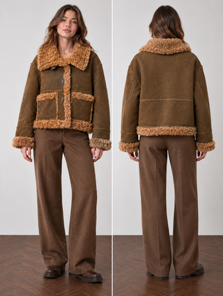 Faux Suede Jacket with Faux Fur Trim–High Neck Button Front Jacket Khaki