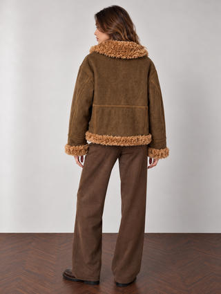 Faux Suede Jacket with Faux Fur Trim–High Neck Button Front Jacket Khaki