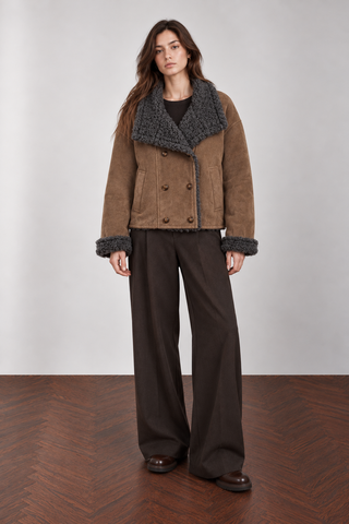 Faux Suede Shearling Double Breasted High Neck Winter Jacket Khaki