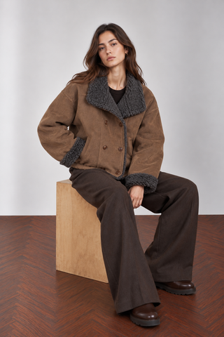 Faux Suede Shearling Double Breasted High Neck Winter Jacket Khaki