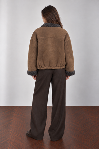 Faux Suede Shearling Double Breasted High Neck Winter Jacket Khaki