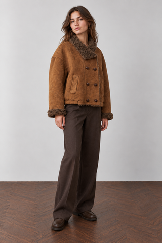 Faux Suede Shearling Double Breasted High Neck Winter Jacket Brown