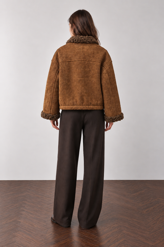 Faux Suede Shearling Double Breasted High Neck Winter Jacket Brown