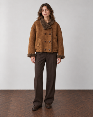 Faux Suede Shearling Double Breasted High Neck Winter Jacket Brown